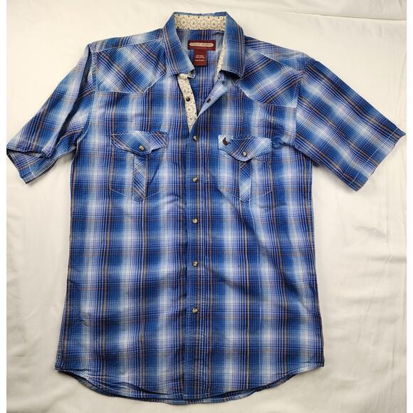 Cody James L Blue Brown Plaid Pearl Snap Western Cowboy Mens Detailed Stitching - Picture 1 of 6